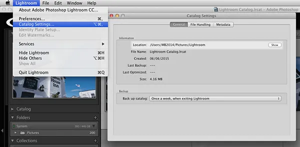 Adobe Lightroom catalog settings